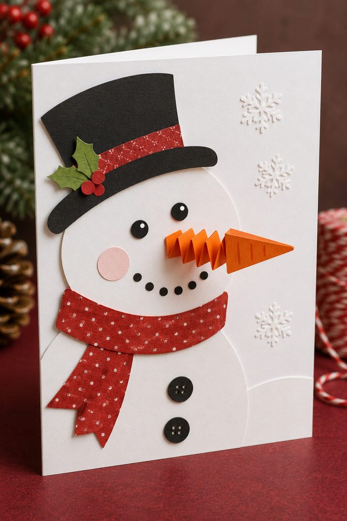 Snowman Christmas card with a carrot nose mounted on a folded orange paper spring.