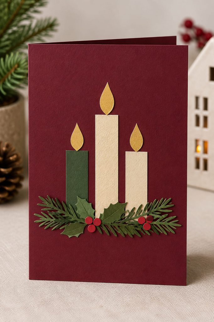 Burgundy Christmas card with three simple paper-strip candles and small gold paper flames.