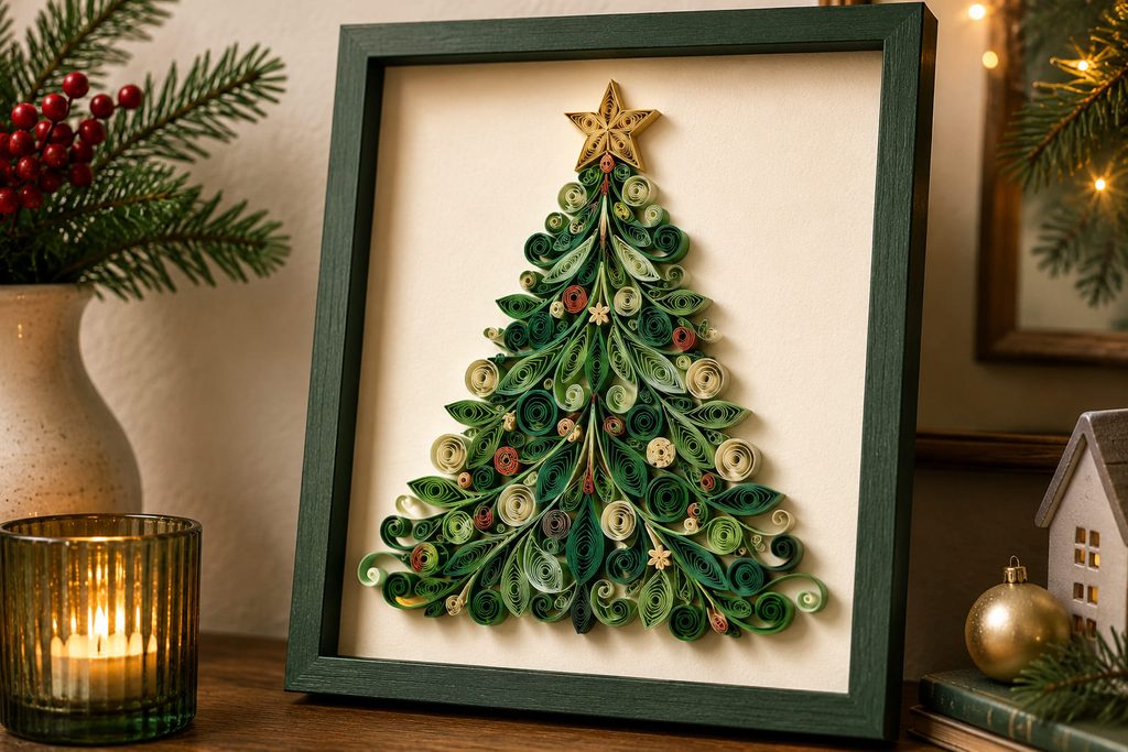 Framed quilled Christmas tree art made from green paper coils, teardrops, and scrolls.