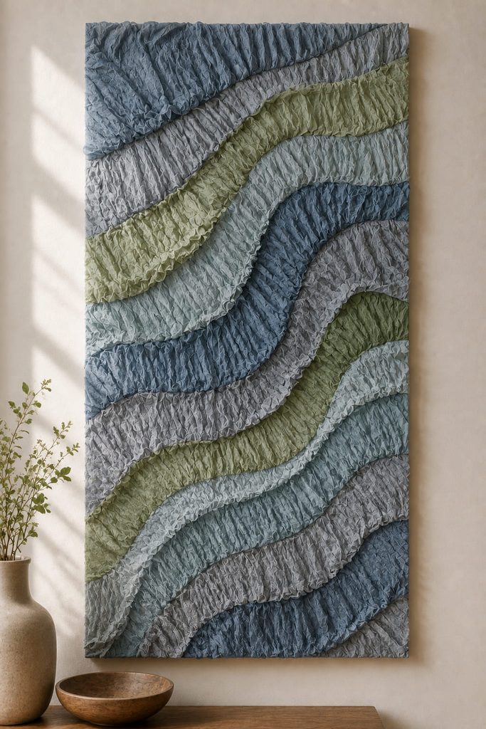 Gathered tissue strips forming flowing blue and sage wave bands across a vertical wall panel.