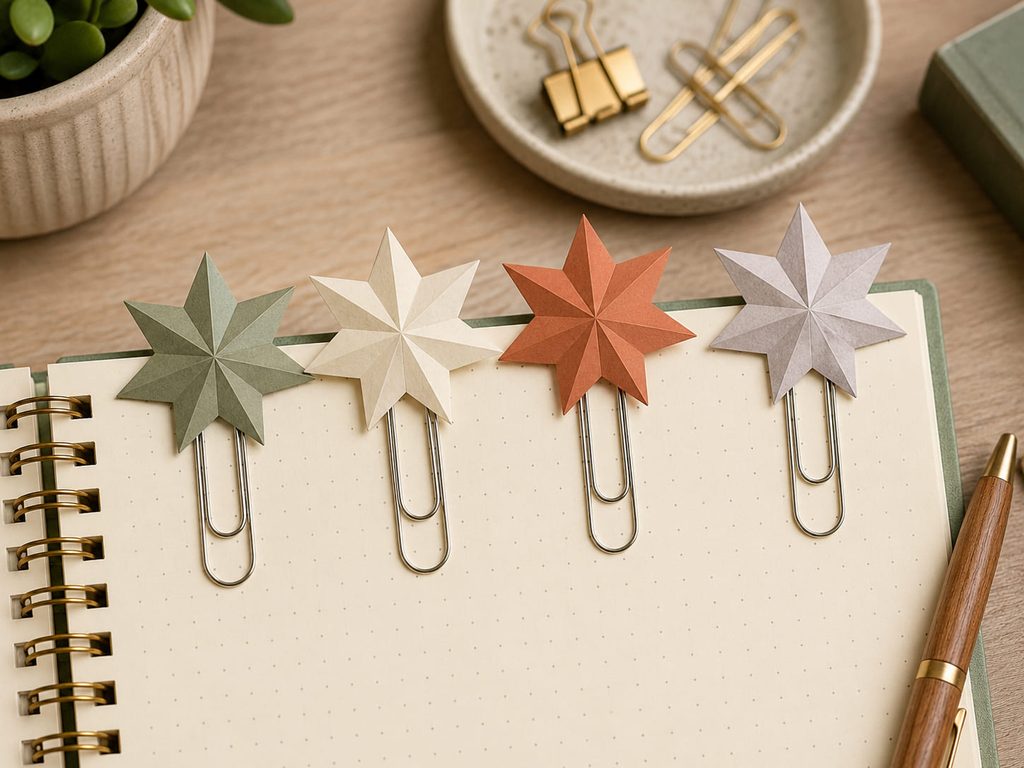 Small cardstock stars attached to paper clips and used as notebook page markers.