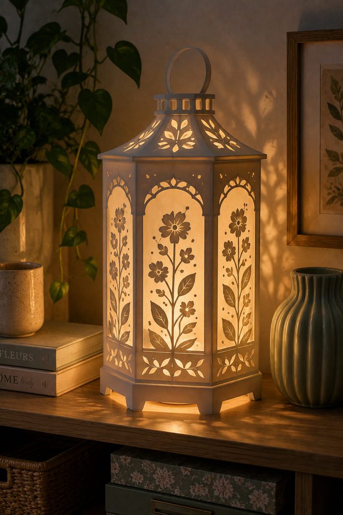 Translucent cardstock and vellum lantern glowing from a cool LED on a shelf.