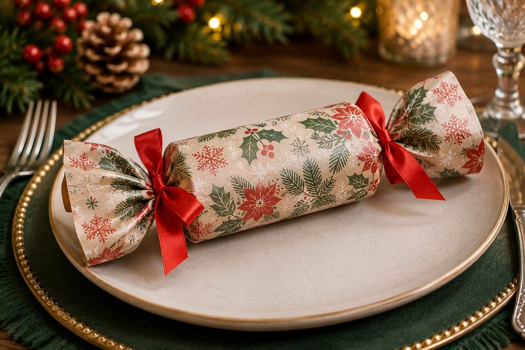 Christmas cracker favor made with a cardboard tube core and twisted patterned tissue ends.
