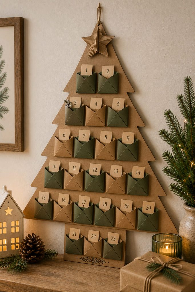 Cardboard Christmas tree advent organizer with rows of folded pockets on a triangular backing.