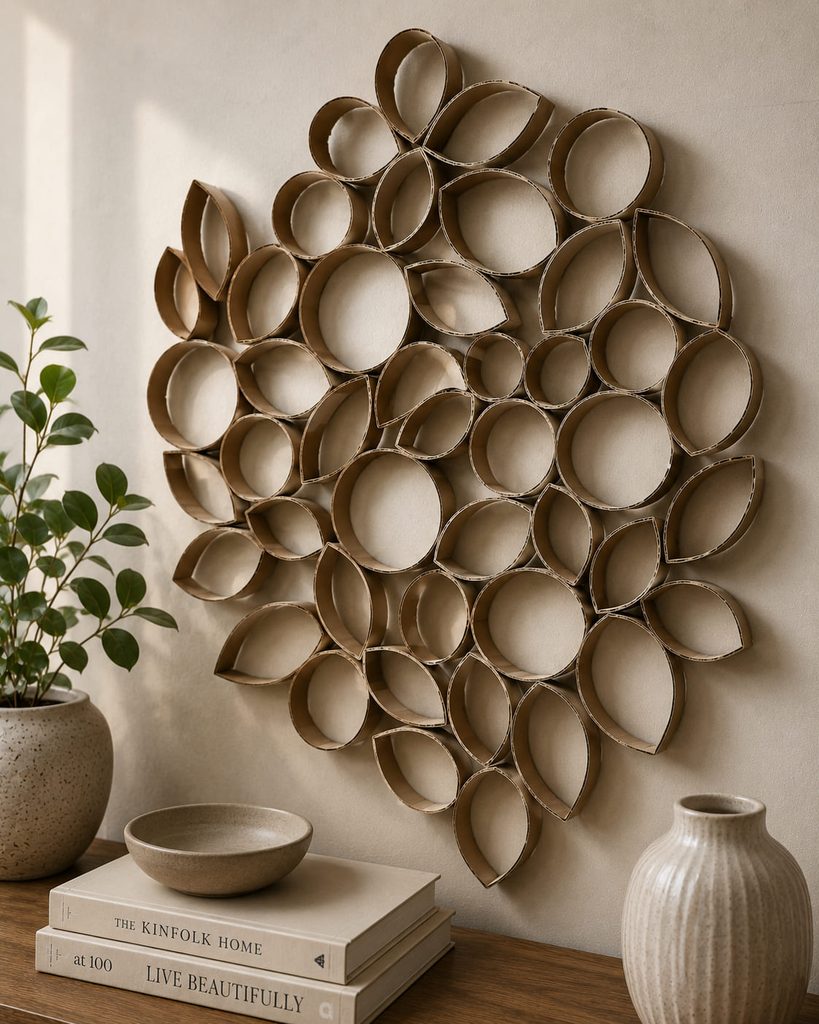Cardboard tube slices arranged into an open cellular wall relief with circular and pinched shapes.
