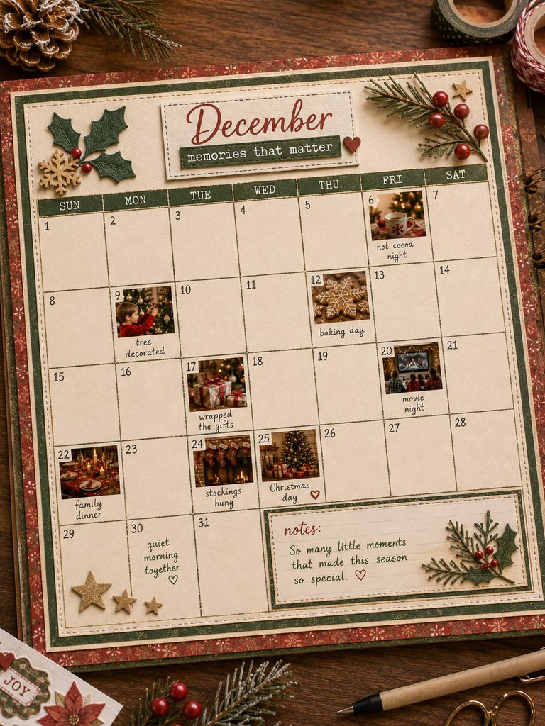 December calendar scrapbook grid with selected holiday photos, handwritten moments, and open blank dates.