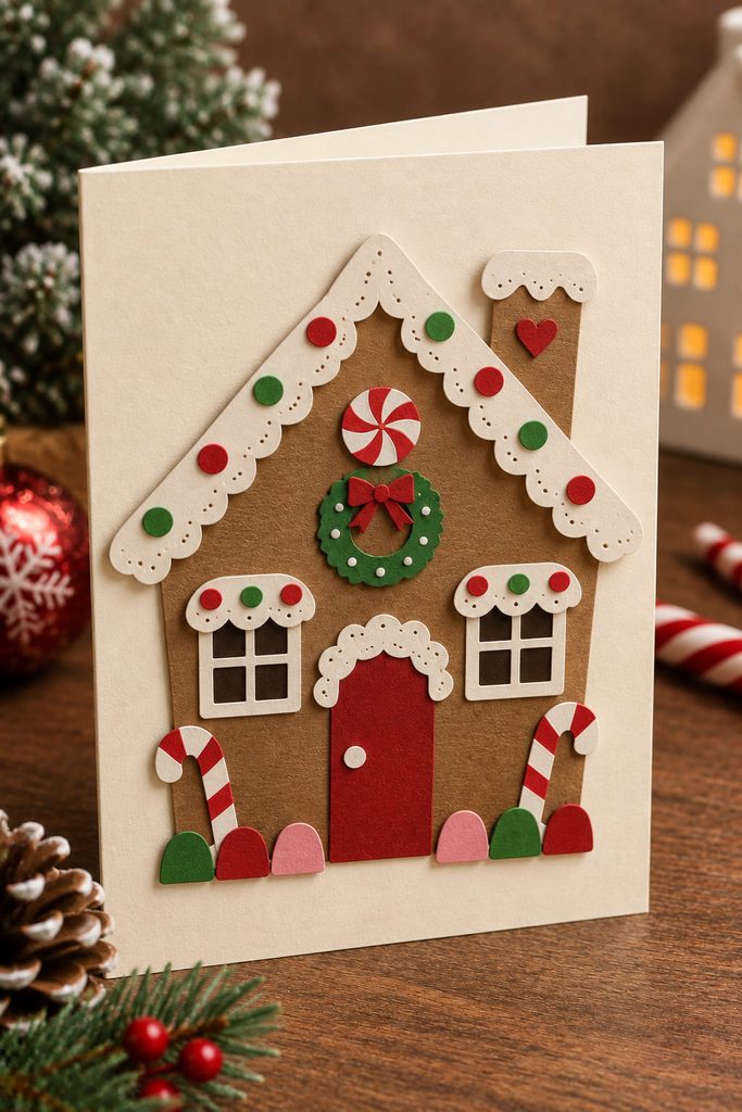 Gingerbread house Christmas card with raised scalloped paper icing around the roof and windows.