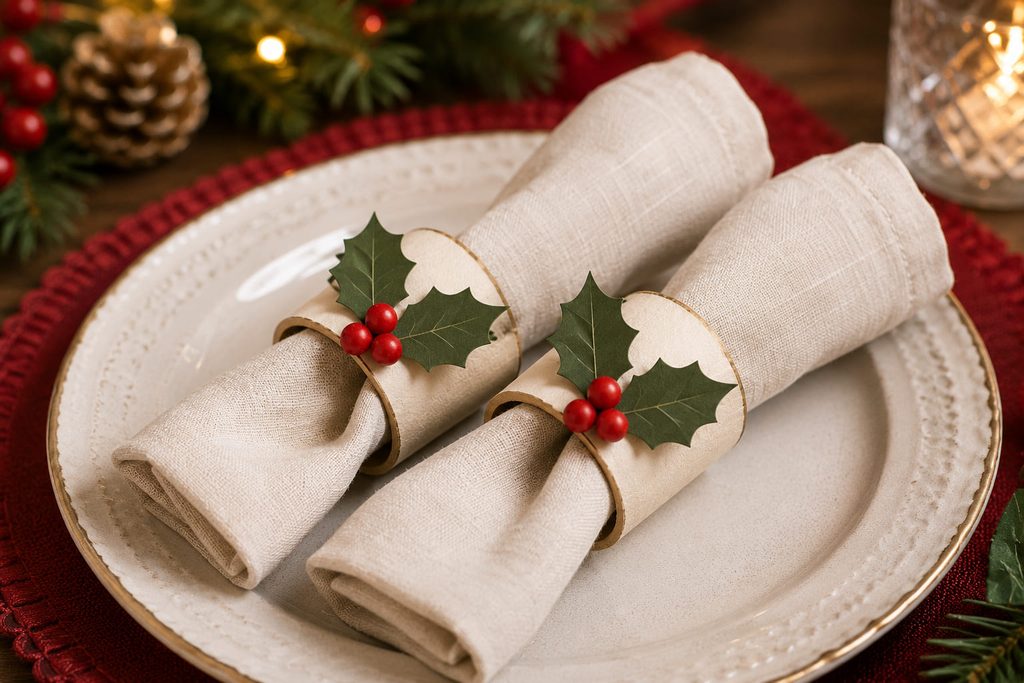 Holly-trimmed cardboard tube napkin rings holding folded Christmas table napkins.