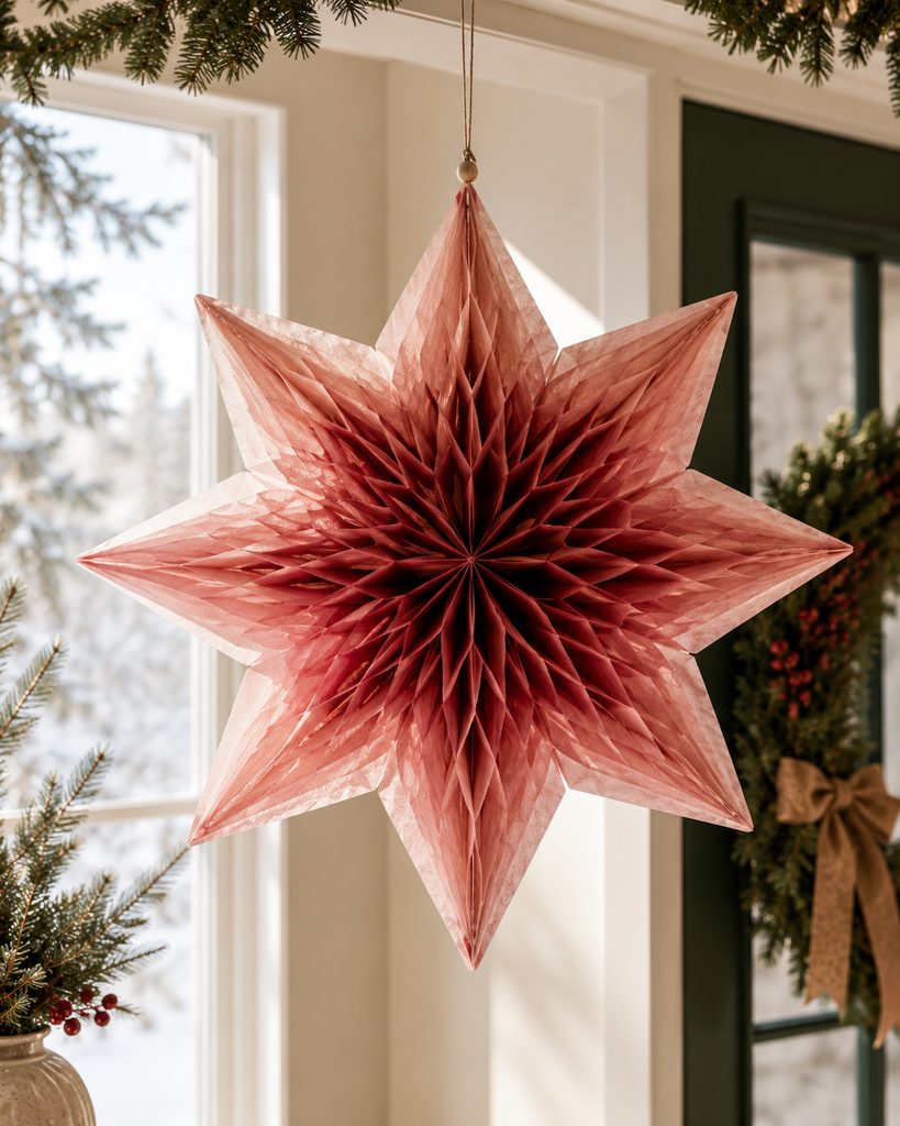 Expanded honeycomb tissue star suspended as lightweight holiday decor.