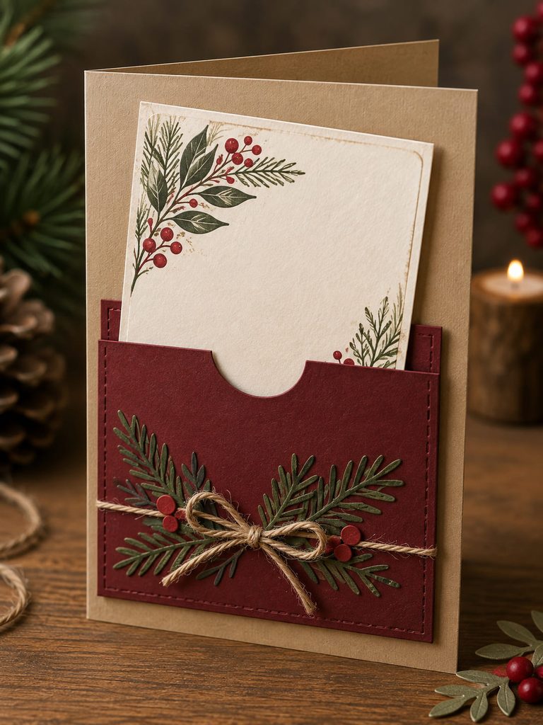 Christmas pocket card with a removable blank keepsake insert partially sliding from a cardstock pocket.