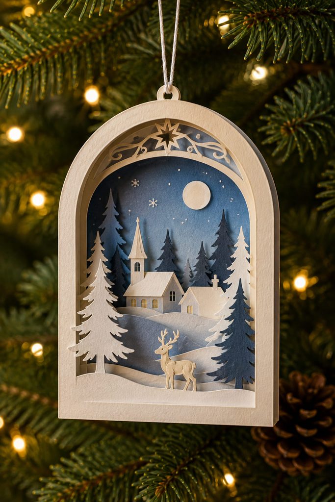 Layered winter paper silhouette ornament inside a small arched cardstock frame.