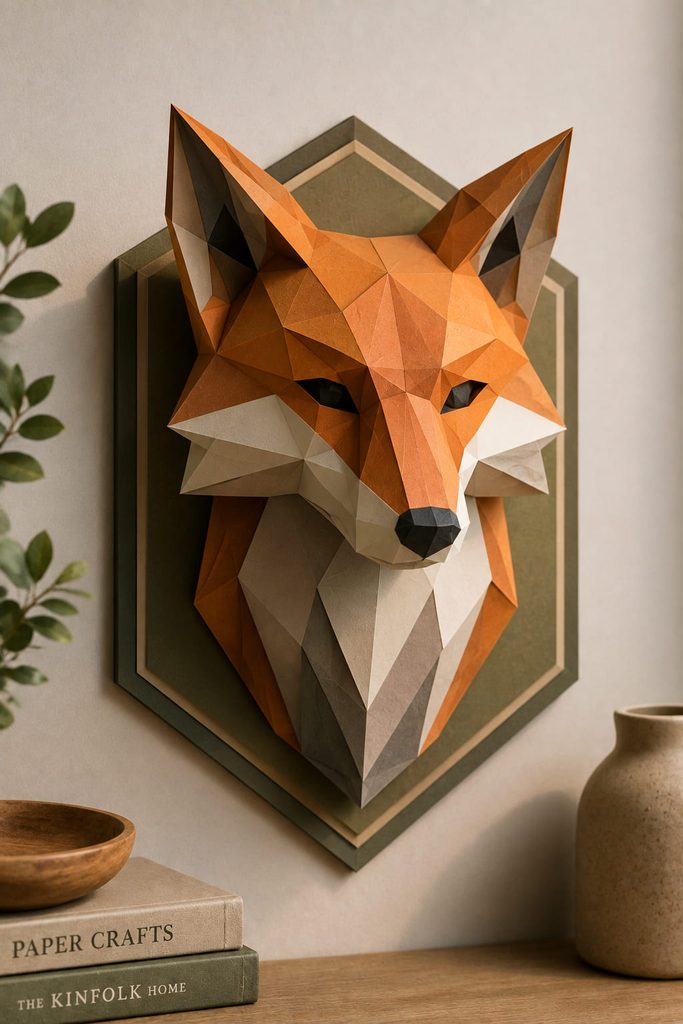 Low-poly cardstock animal bust with scored facets and tab-joined polygon panels on a wall plaque.