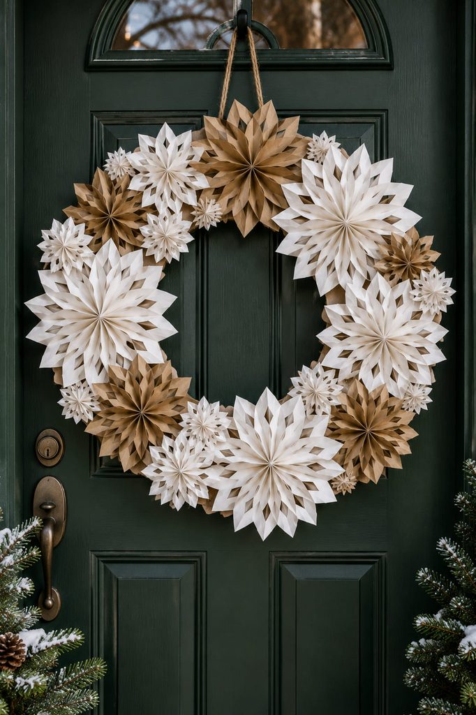 Winter wreath made from overlapping mini paper-bag snowflake rosettes on a lightweight ring.