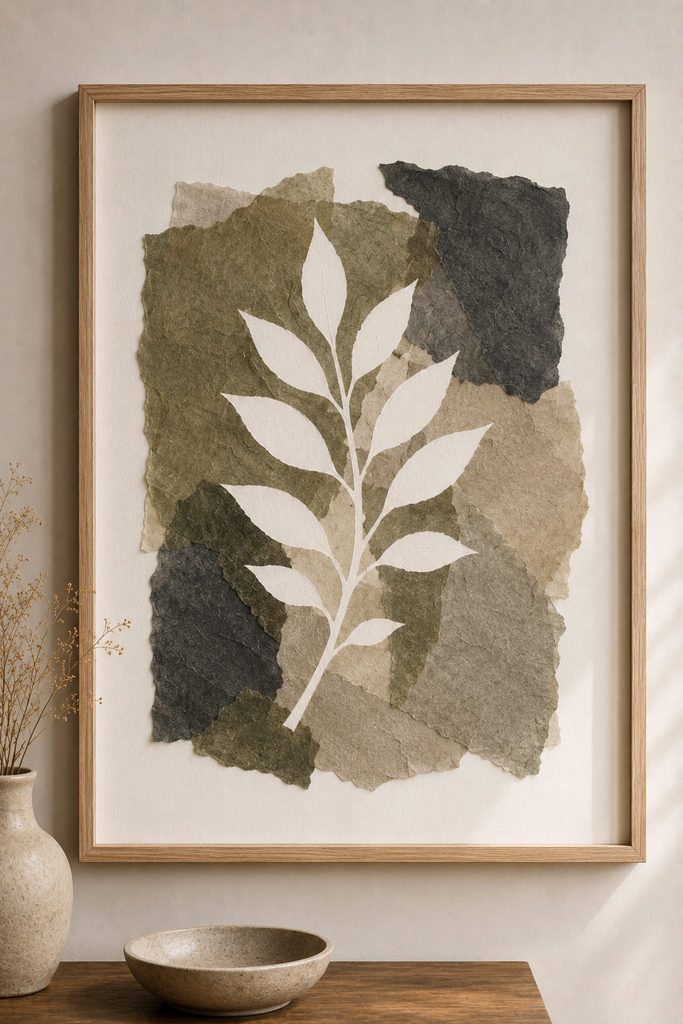 Torn tissue surrounding a clean botanical negative-space silhouette in a minimalist framed panel.