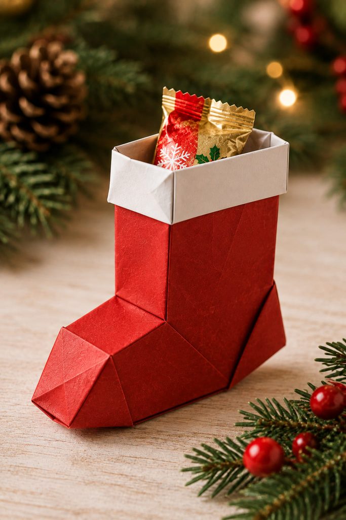 Red folded-paper Christmas stocking pocket holding a small wrapped chocolate.