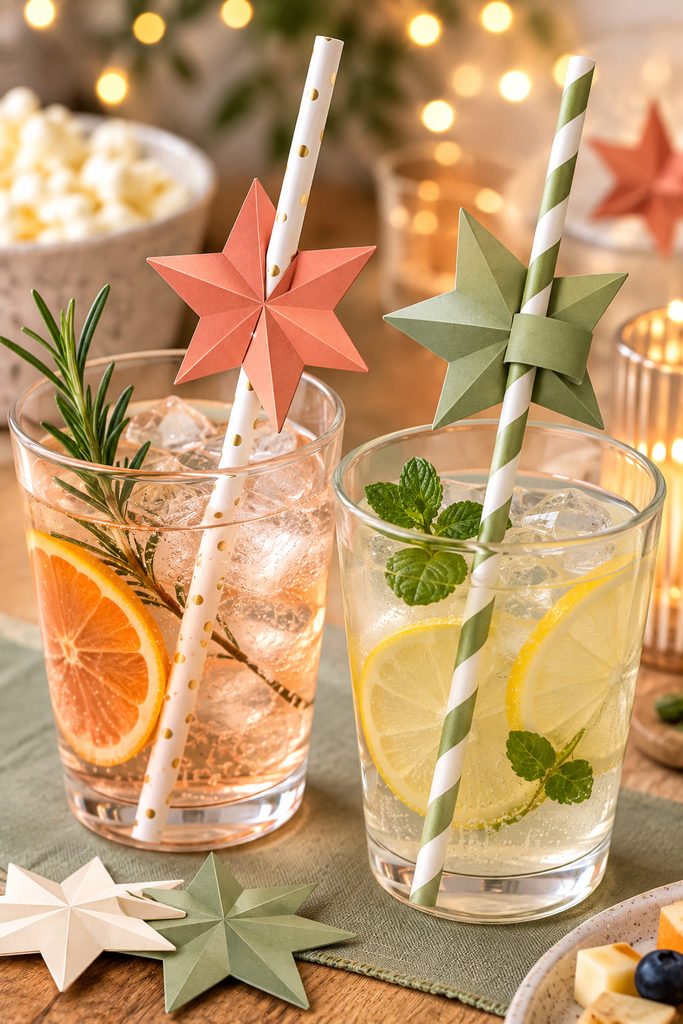 Small paper stars attached to drinking straws as individual drink markers.
