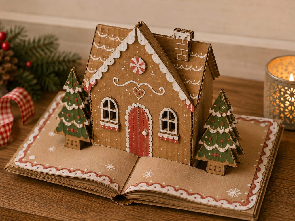 Pop-up cardboard gingerbread house rising from a hinged book-style display base.