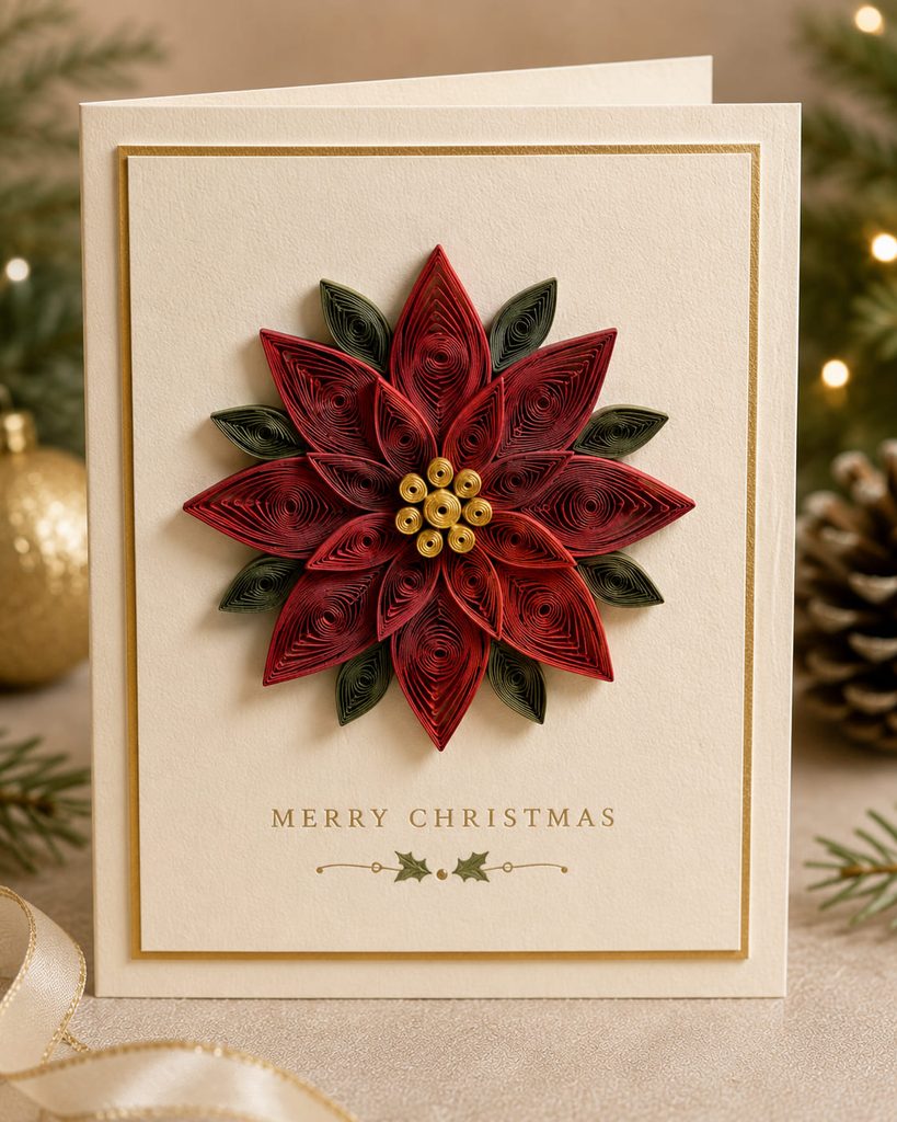Quilled paper poinsettia medallion arranged on the front of a cream Christmas card.