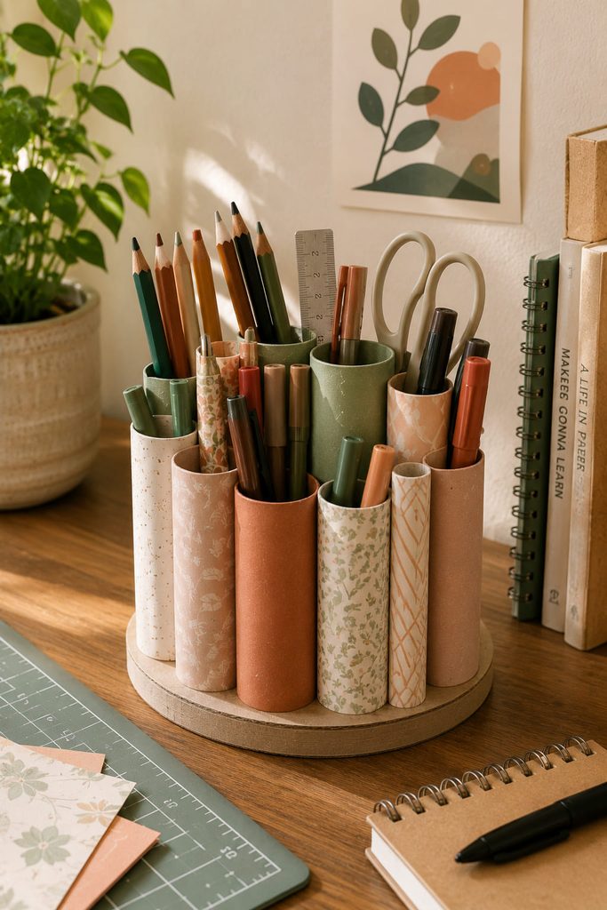 Rolled paper tube pencil caddy holding markers, pens, and scissors on a craft desk.