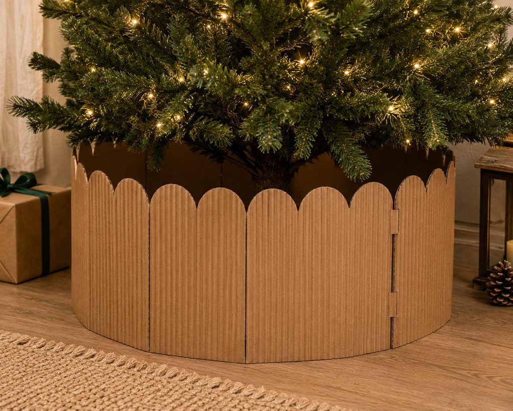Scalloped corrugated cardboard Christmas tree collar surrounding the stand at floor level.