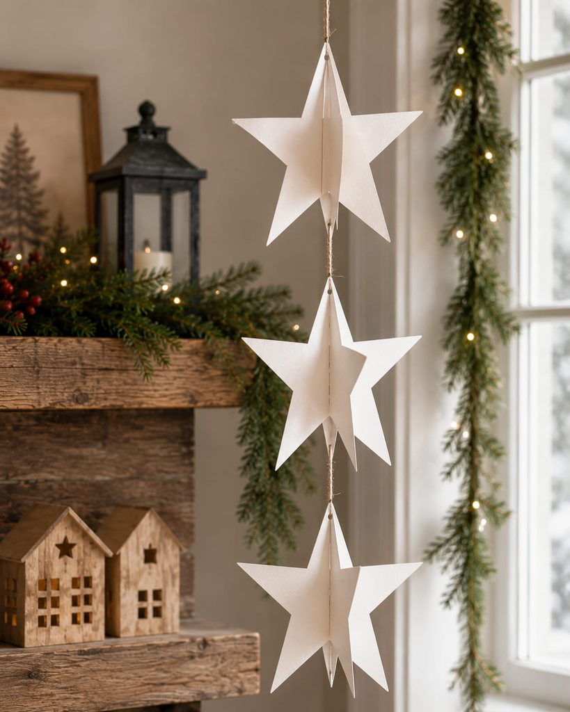 Interlocking slotted cardstock stars suspended as a three-dimensional strand.