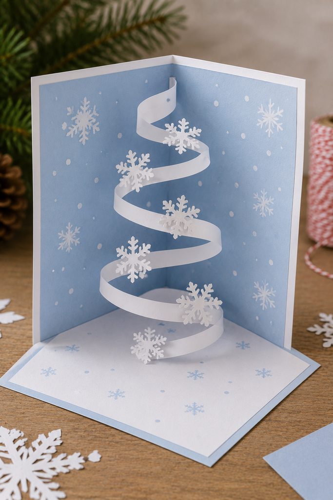 Open Christmas card with a paper spiral snowfall pop-up stretching between the inside panels.