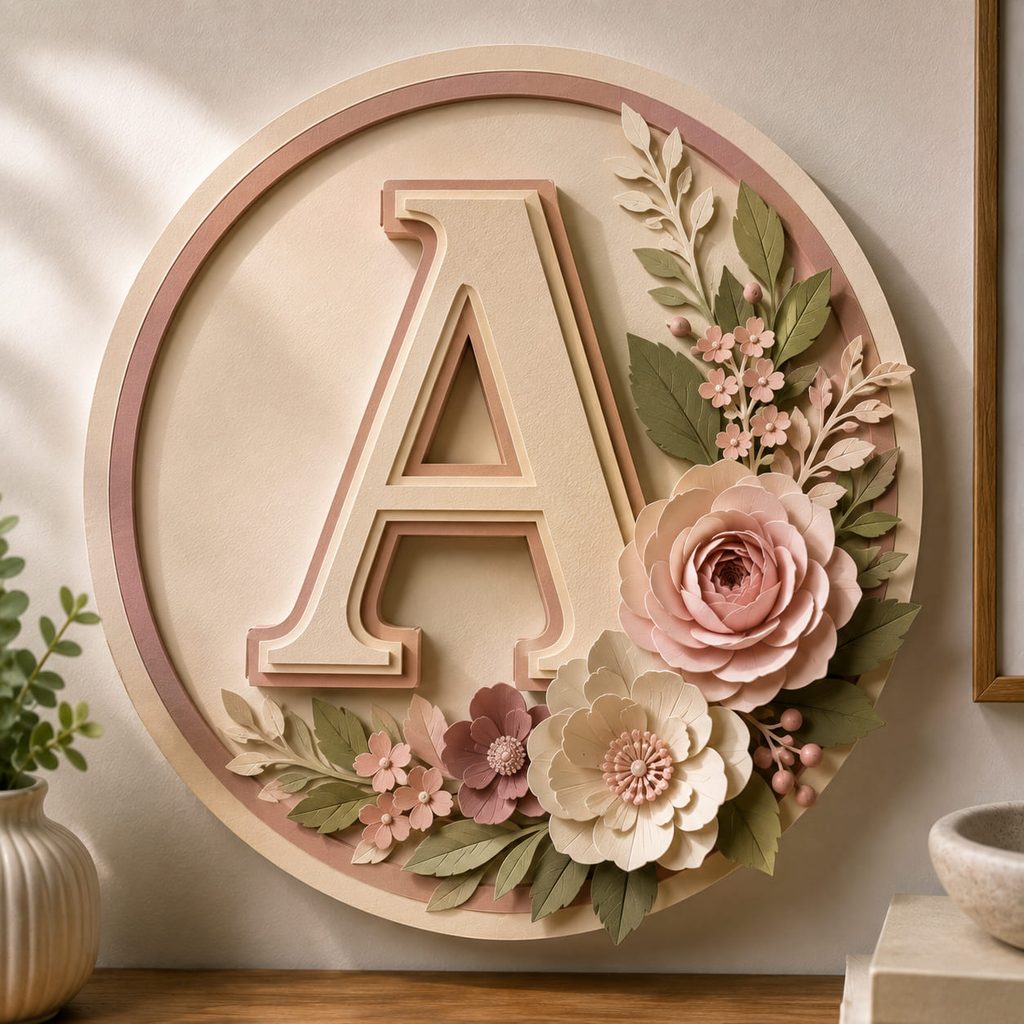 Layered paper initial plaque with dimensional flowers arranged along one edge.