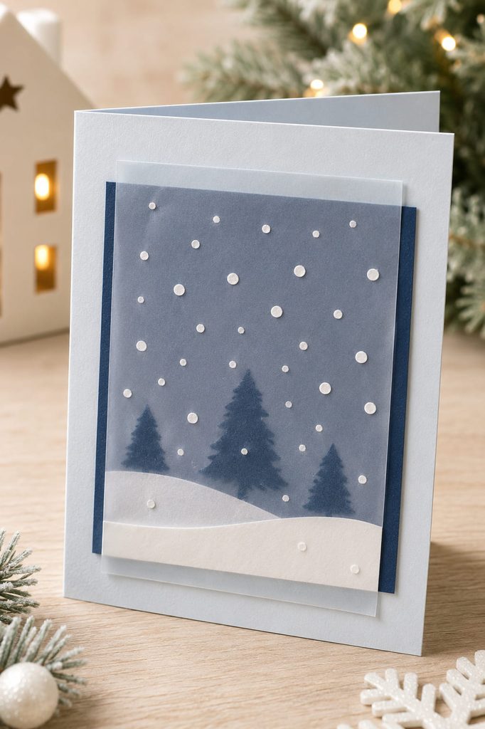 Pale gray Christmas card with a blue panel, translucent vellum overlay, and softly diffused paper snow.