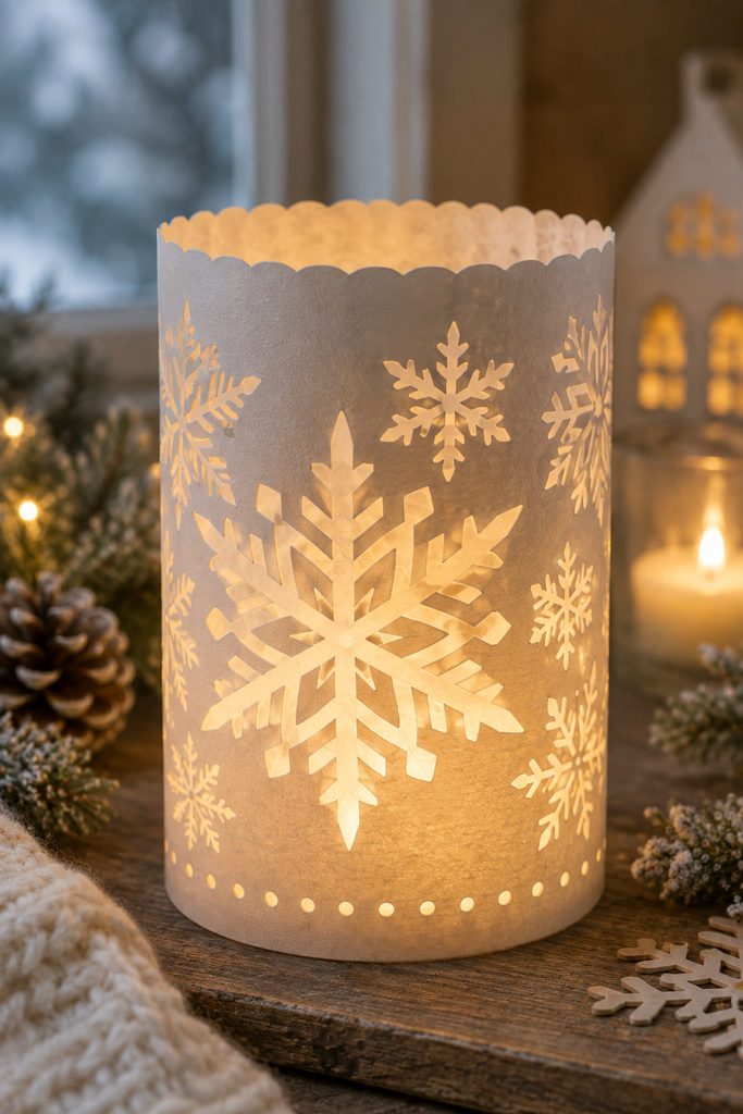 Vellum-lined paper snowflake luminary glowing around a battery-powered LED tea light.