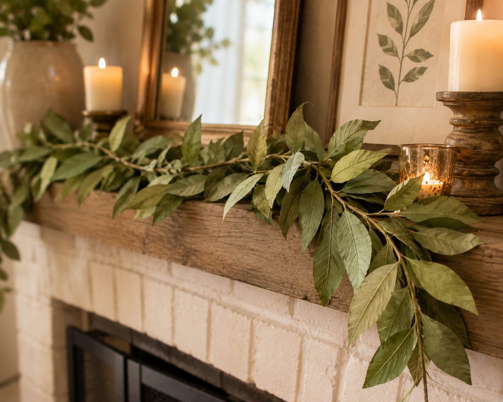 Wired sage crepe paper leaves arranged as a sculptural mantel garland.