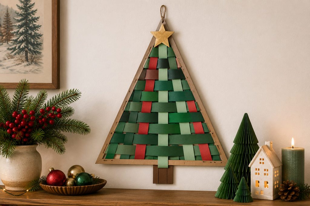 Woven paper strip Christmas tree wall hanging with a visible over-under pattern.