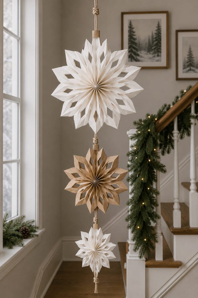 Three graduated paper-bag snowflakes suspended on a vertical mobile with clear turning space.