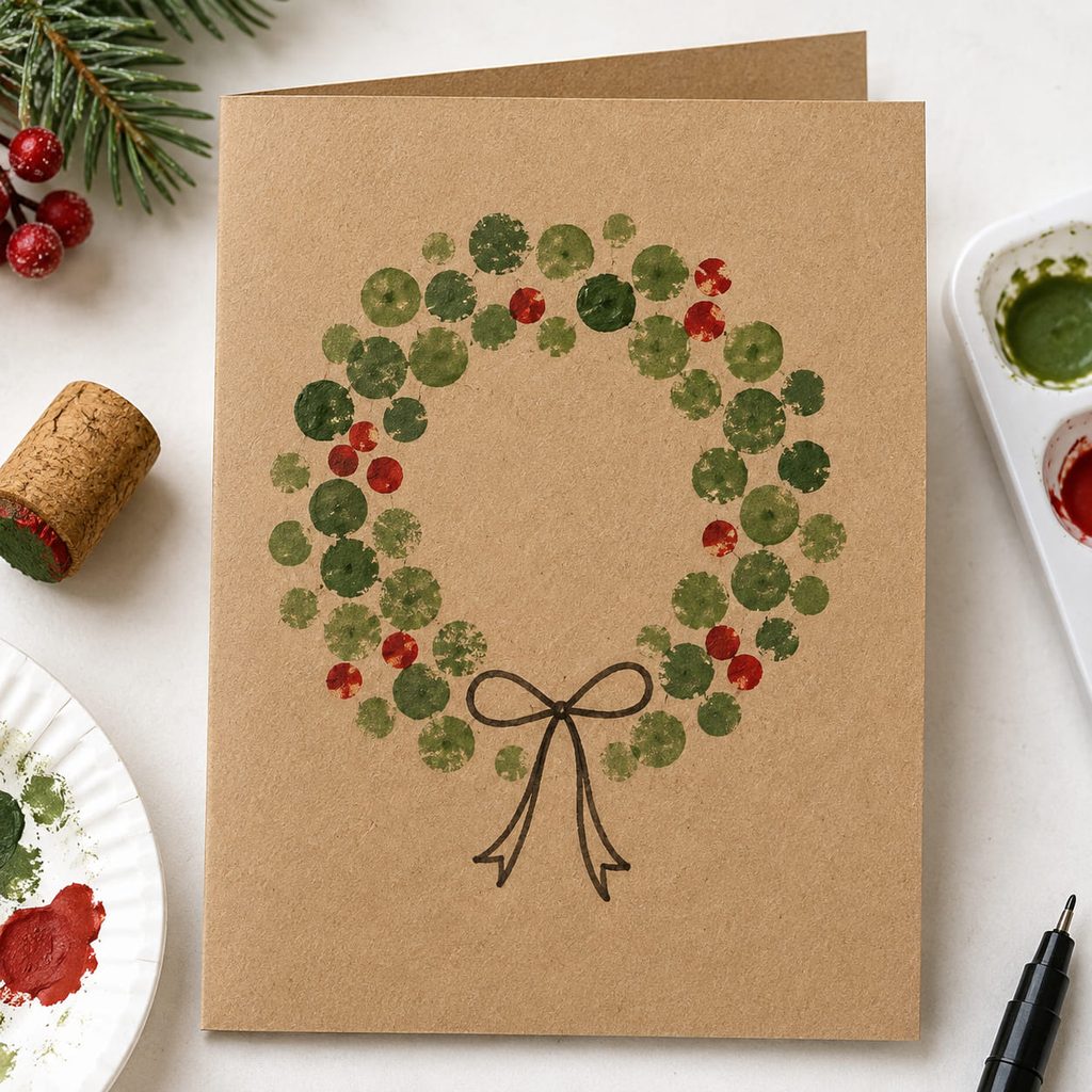 Kraft Christmas card with a simple wreath formed from green stamped dots and red berry dots.