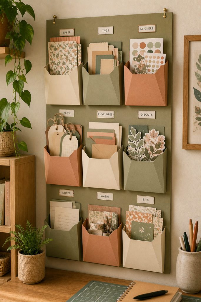Folded cardstock wall pockets organizing paper swatches, tags, stickers, and envelopes.