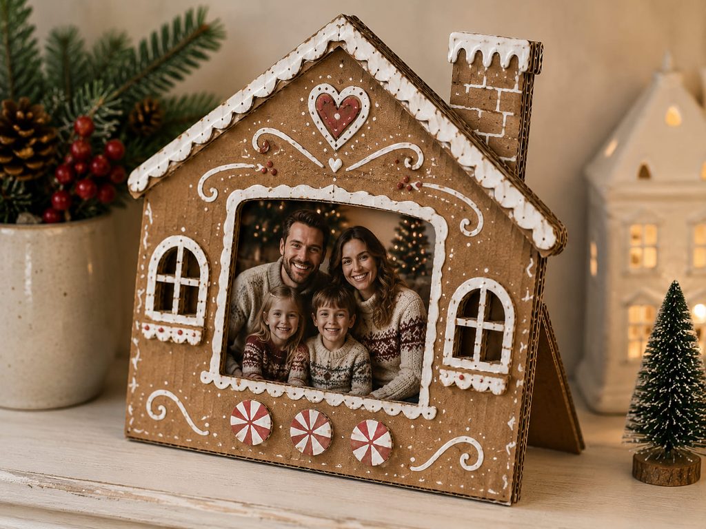 Gingerbread house photo frame made from layered cardboard with a rear easel support.