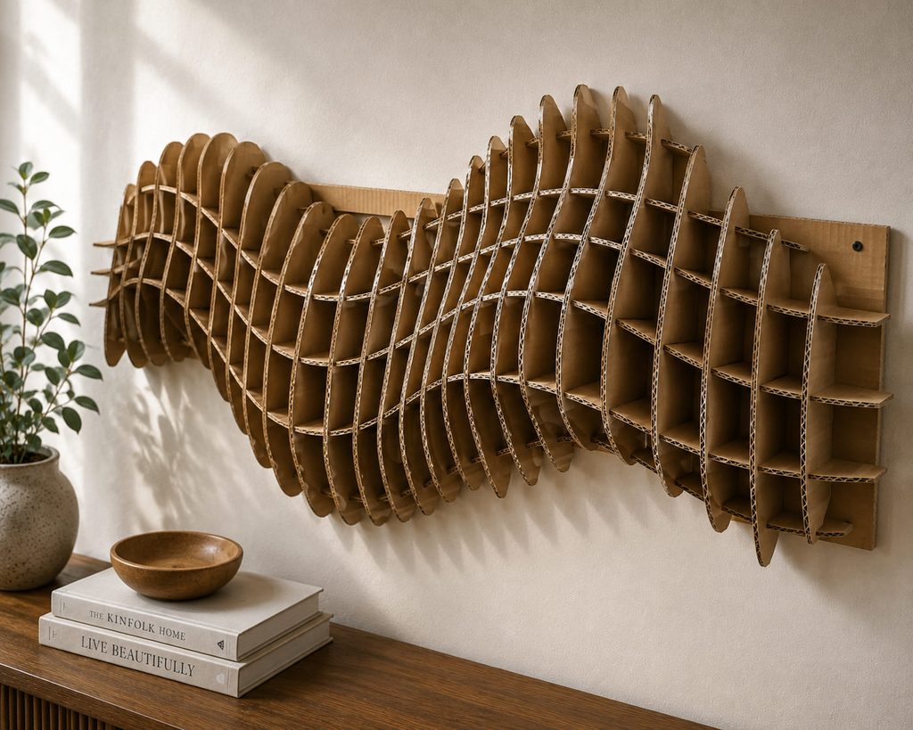 Interlocking slotted cardboard ribs forming a deep wave sculpture mounted away from the wall.