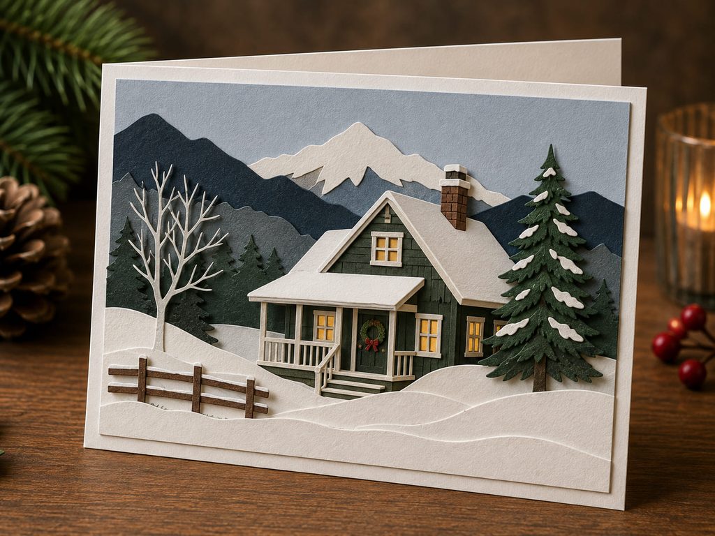 Layered paper Christmas card showing a recognizable-style winter cottage, chimney, mountains, and snow.