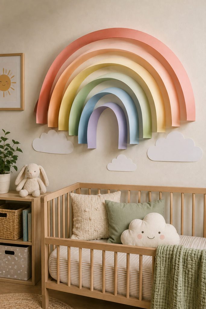 Raised cardstock rainbow made from nested paper strip loops on a nursery wall.