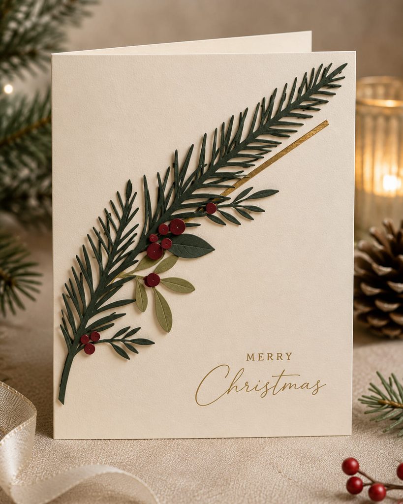 Minimalist ivory Christmas card with a diagonal dark-green paper evergreen branch.
