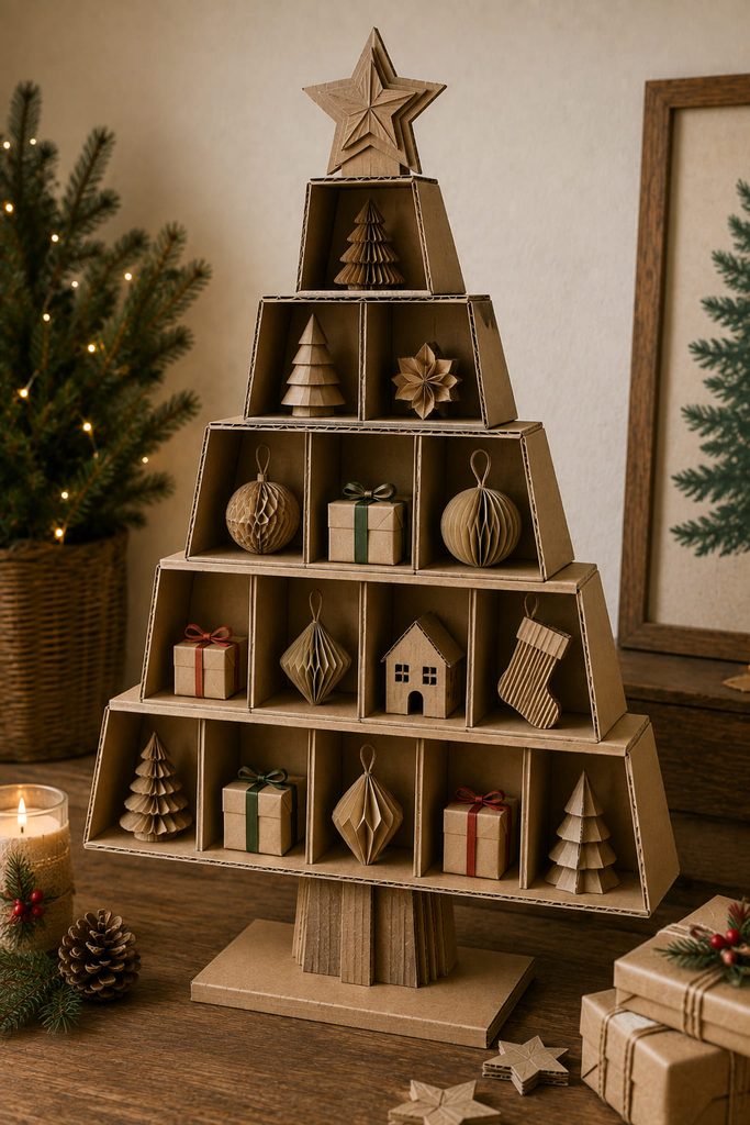 Open cardboard cubbies stacked into a freestanding Christmas tree display.
