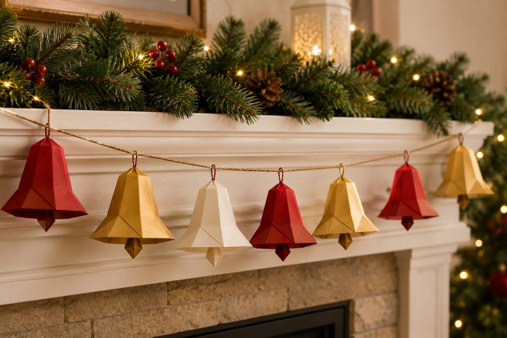 Folded red, gold, and cream paper bells spaced along a Christmas mantel garland.