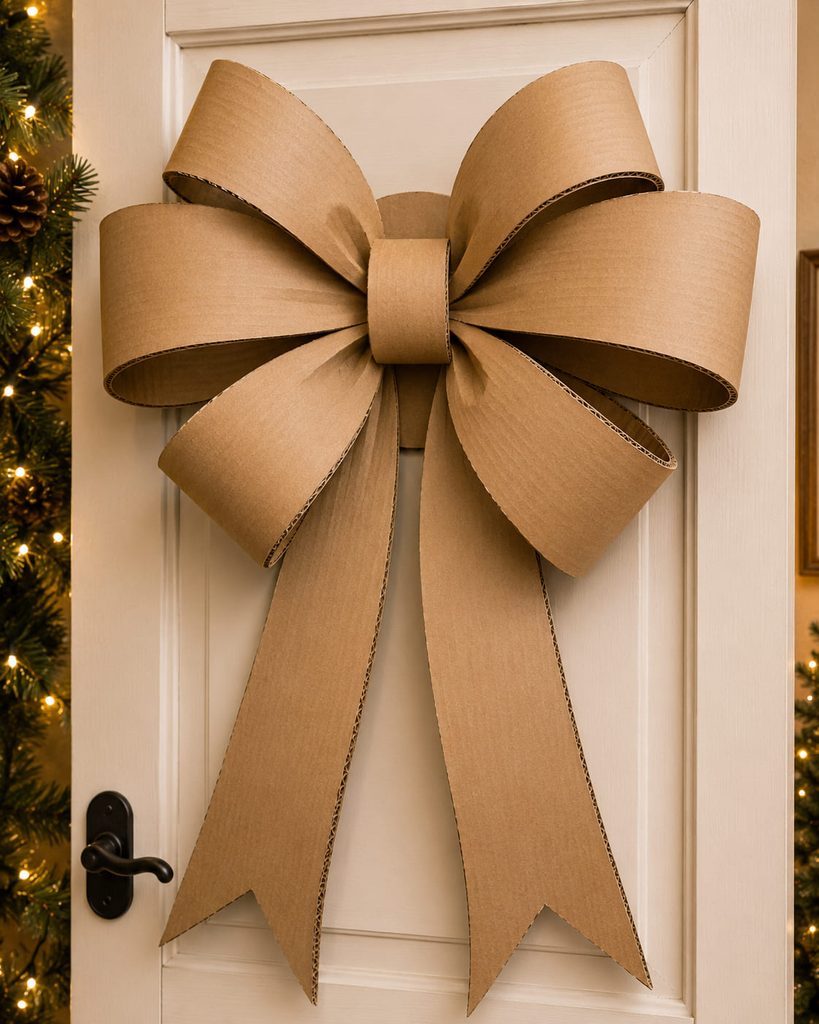 Oversized cardboard gift bow with curved loops and long tails mounted on a door.