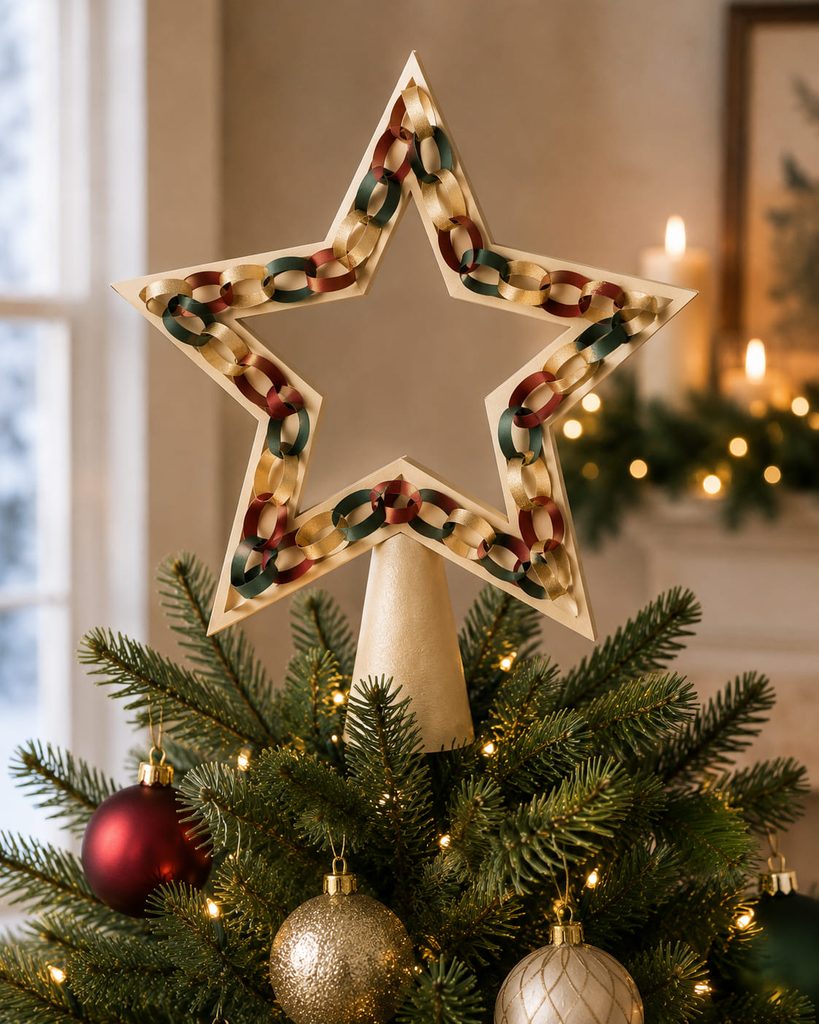 Structured paper-chain star topper mounted securely at the top of a Christmas tree.