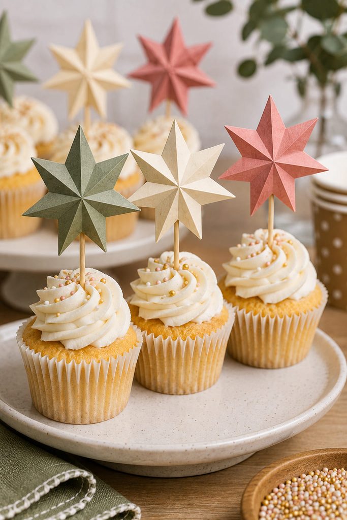 Double-sided paper star toppers attached around wooden cupcake picks above the frosting.