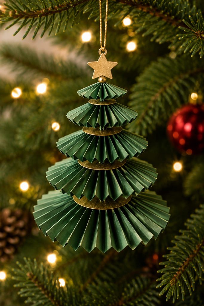 Pleated paper Christmas tree ornament made from stacked accordion-folded tiers.