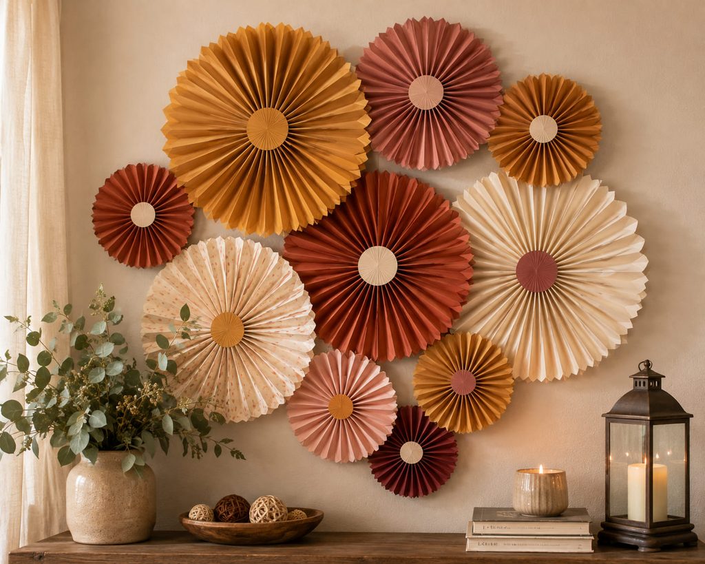 Pleated crepe paper rosette medallions arranged in an asymmetrical wall cluster.