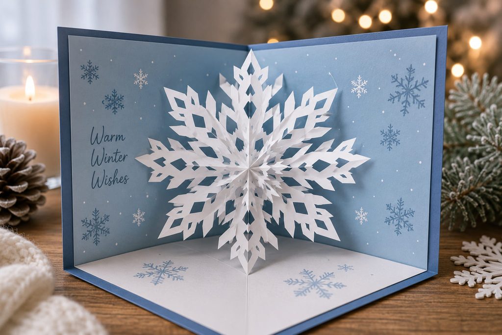 Open winter card with a cut paper snowflake pop-up rising from the center fold.