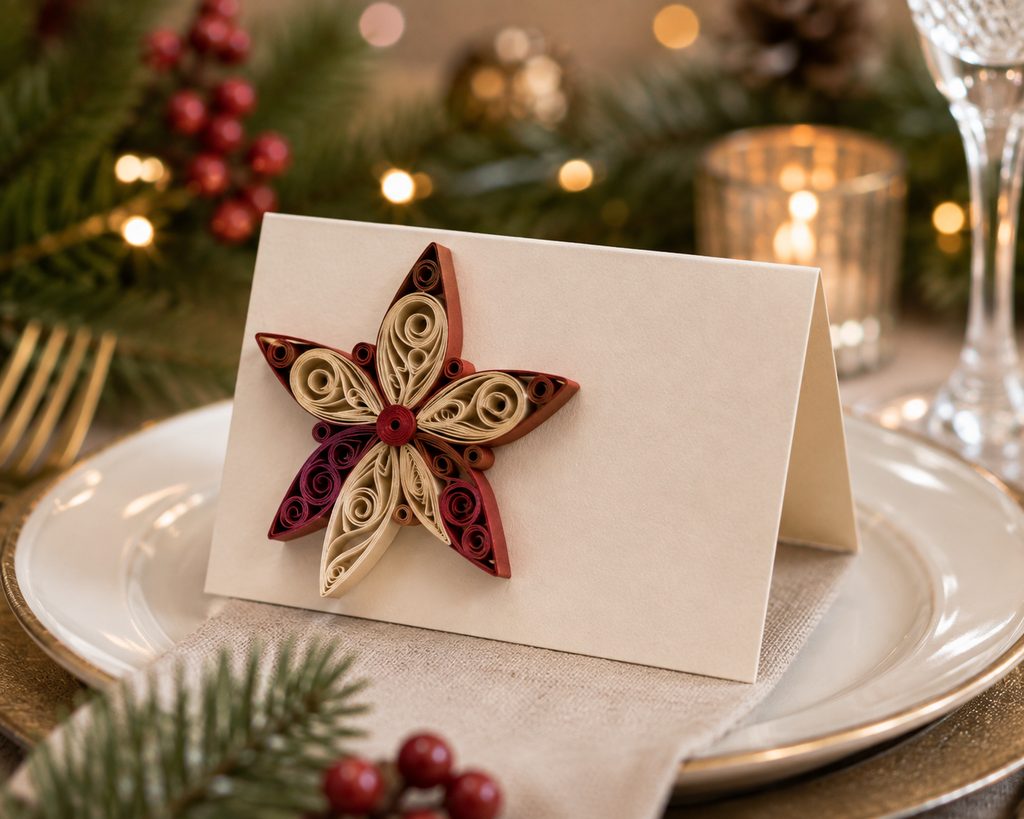 Quilled paper star attached to a folded holiday place card at a table setting.