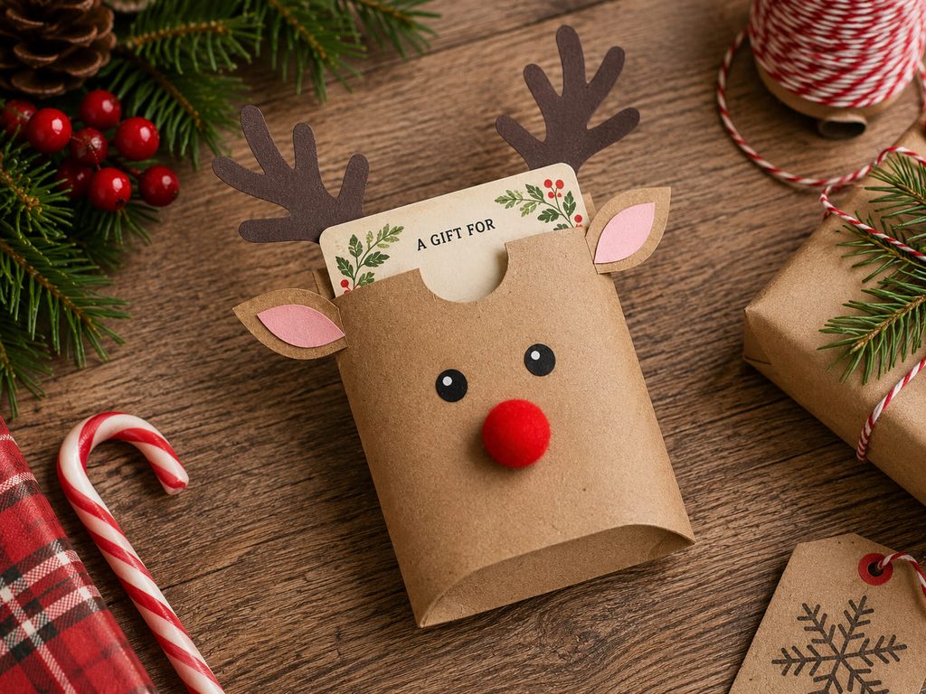 Flattened cardboard tube reindeer pocket holding a partially visible gift card.