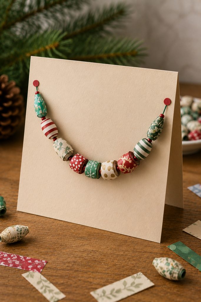 Christmas card decorated with a curved garland of small rolled patterned-paper beads.